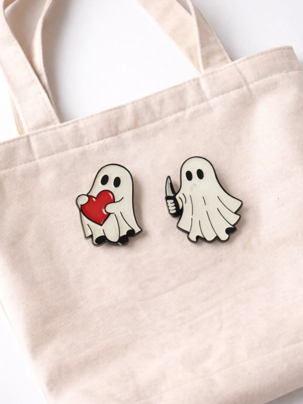 Cute Ghost Enamel‎ Pin Set - White Ghost with Red Heart & Knife